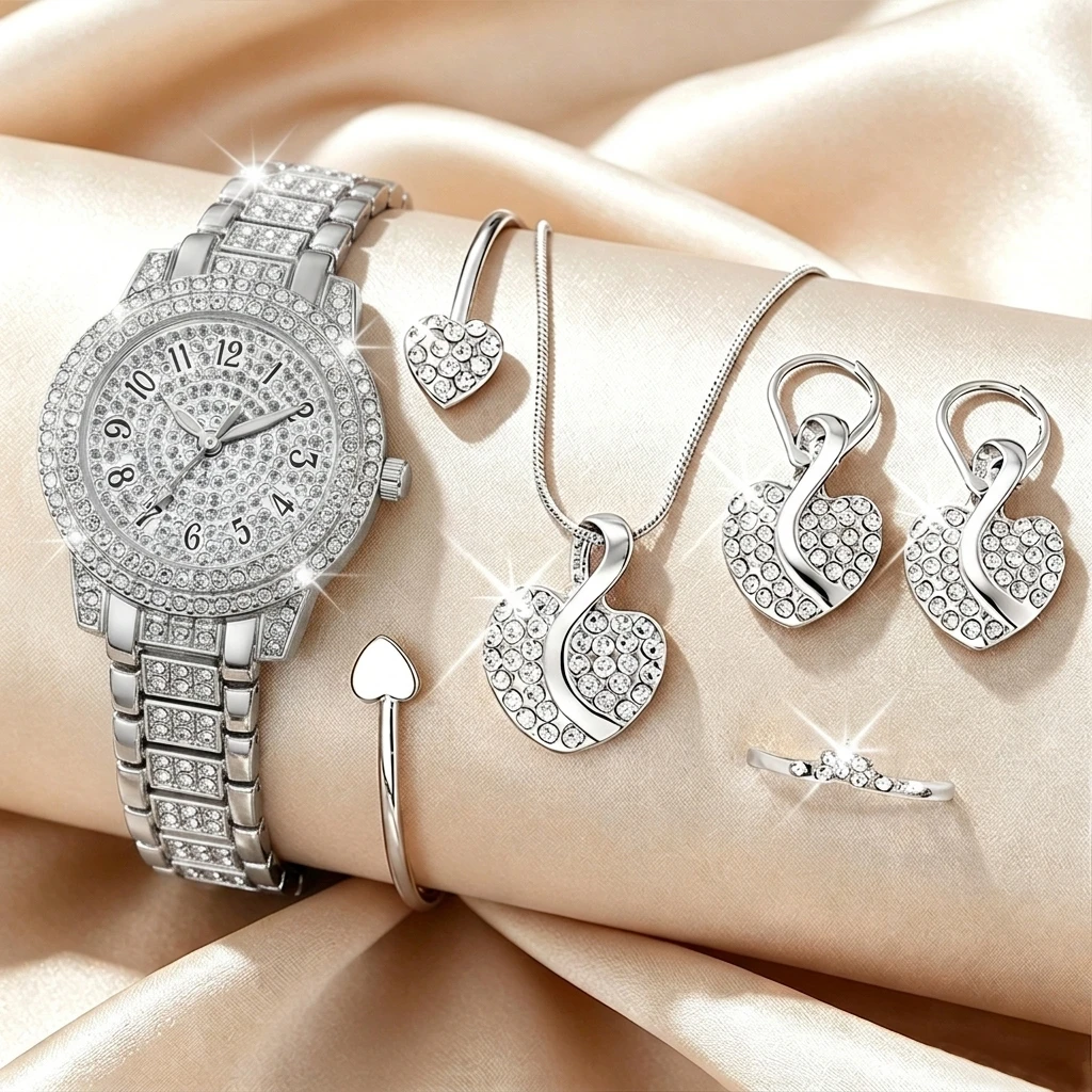 6종 패션 라인스톤 여성 시계 하트 쥬얼리 세트 고급  - Jewelry Like Watches 리뷰 및 가격